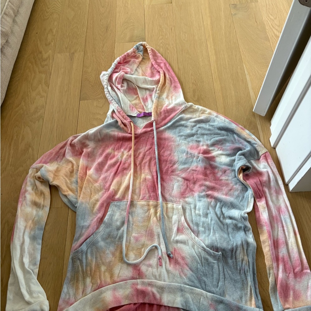 Tie-Dye Hooded Pullover Sweater - Pink, Blue & Cream